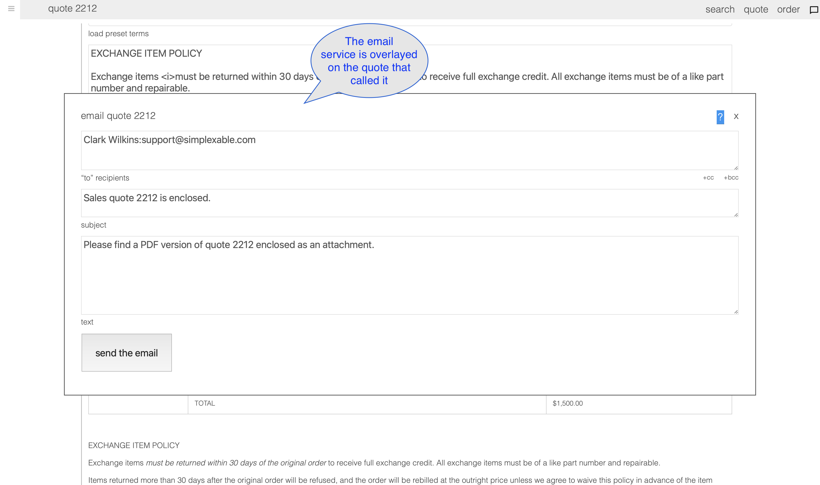 Sample of the standard email interface shown in a stockd sales quote