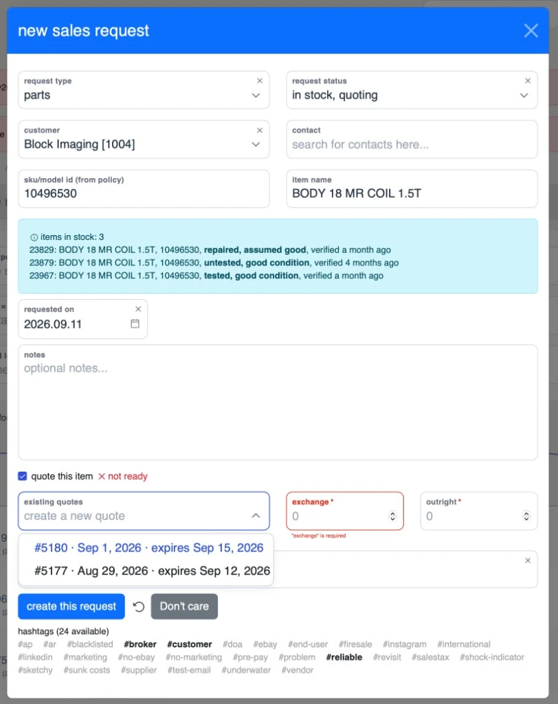 Quote setup within the sales request modal with the existing-quotes dropdown open showing quotes 5180 and 5177.