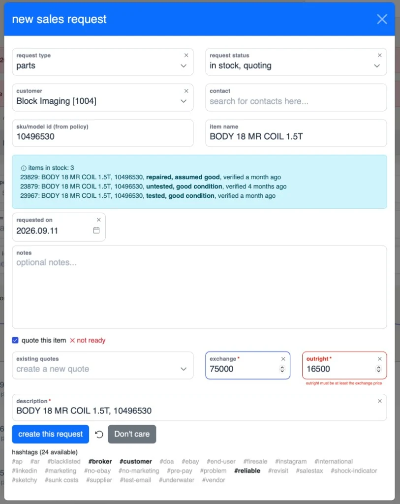 Quote setup showing a not-ready state where the entered exchange price exceeds the outright price and validation blocks submission.