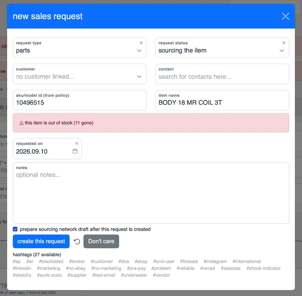 New sales request modal for SKU 10496515 showing a prominent out-of-stock warning and no quote-this-item option.